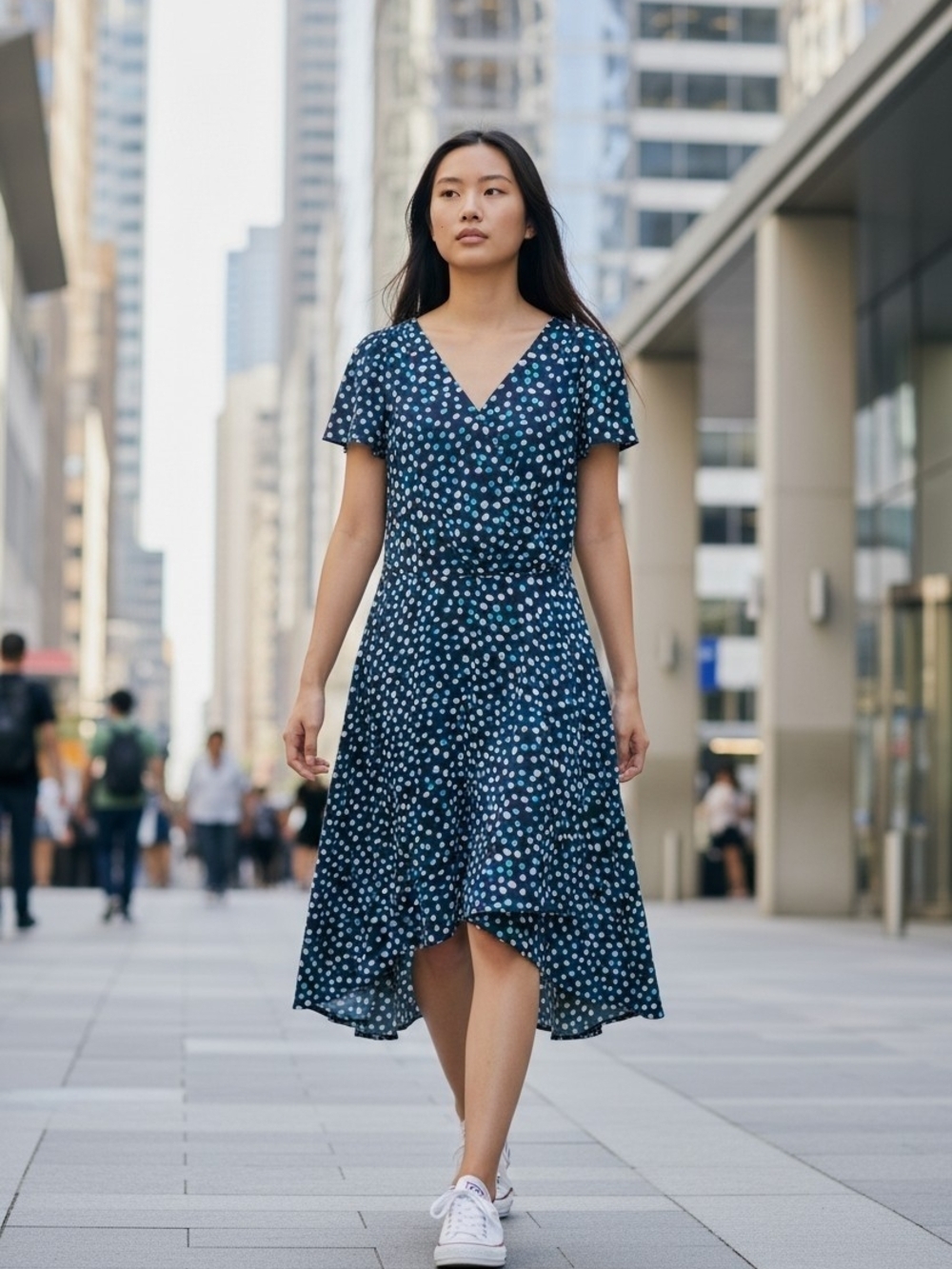 DKNY Navy Blue/Teal Polka Dot V-Neck High-Low Faux Wrap Stylish Dress 16